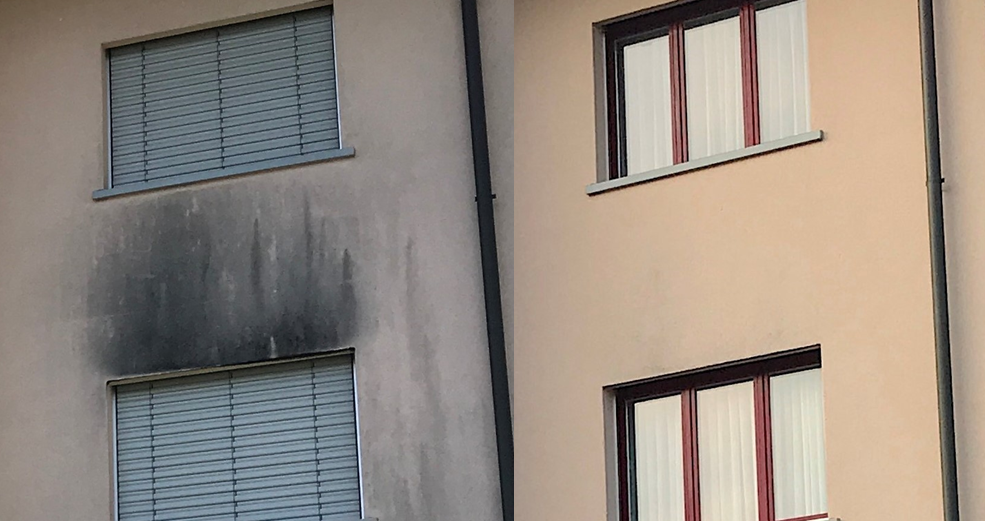 Fassadenreiniger.ch zeigt eine Teilfläche einer Fassade von davor und nach der Behandlung / Reinigung